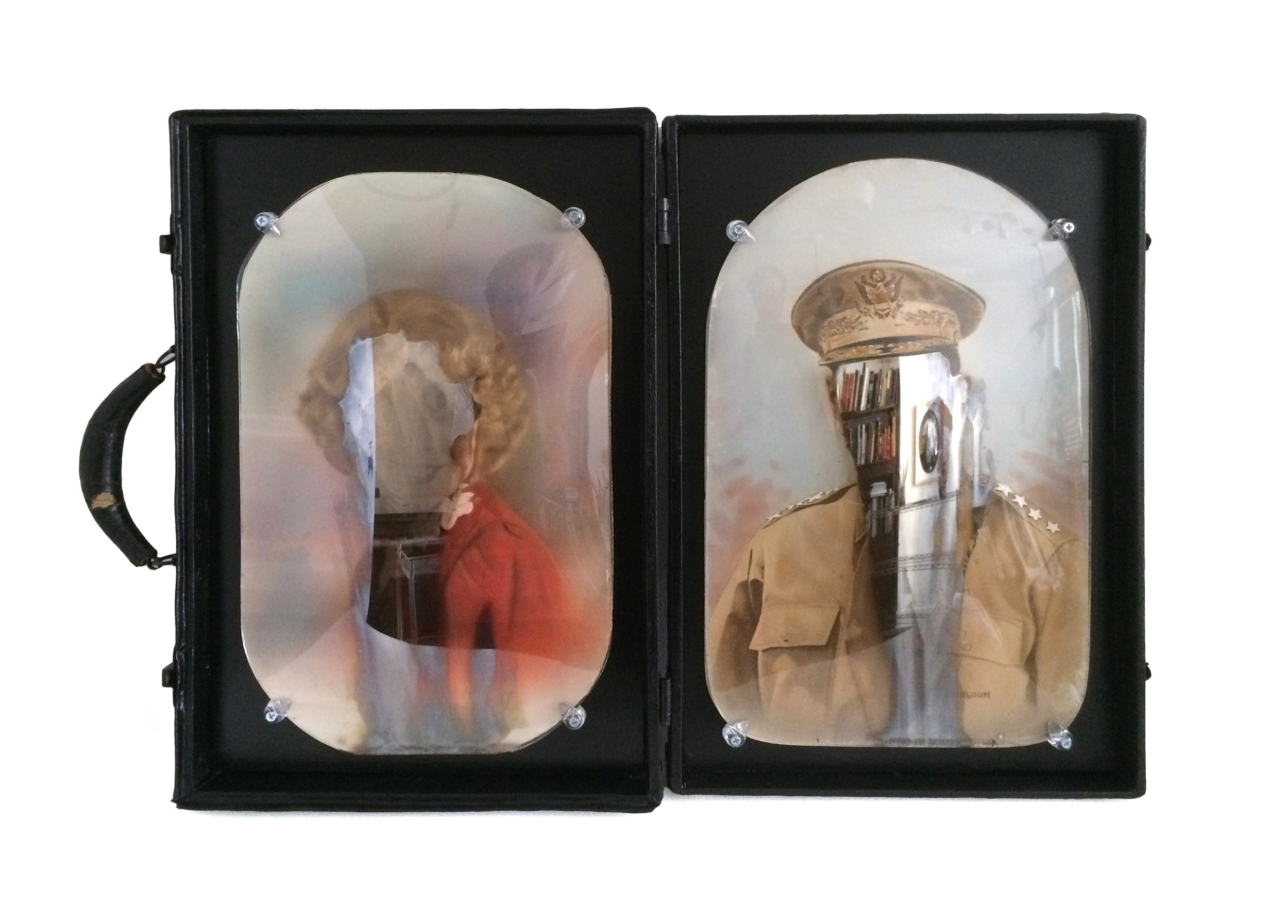 Civilization and its Discontents, 18.5 x 24.5”, silver nitrate on glass, antique portraits, suitcase
