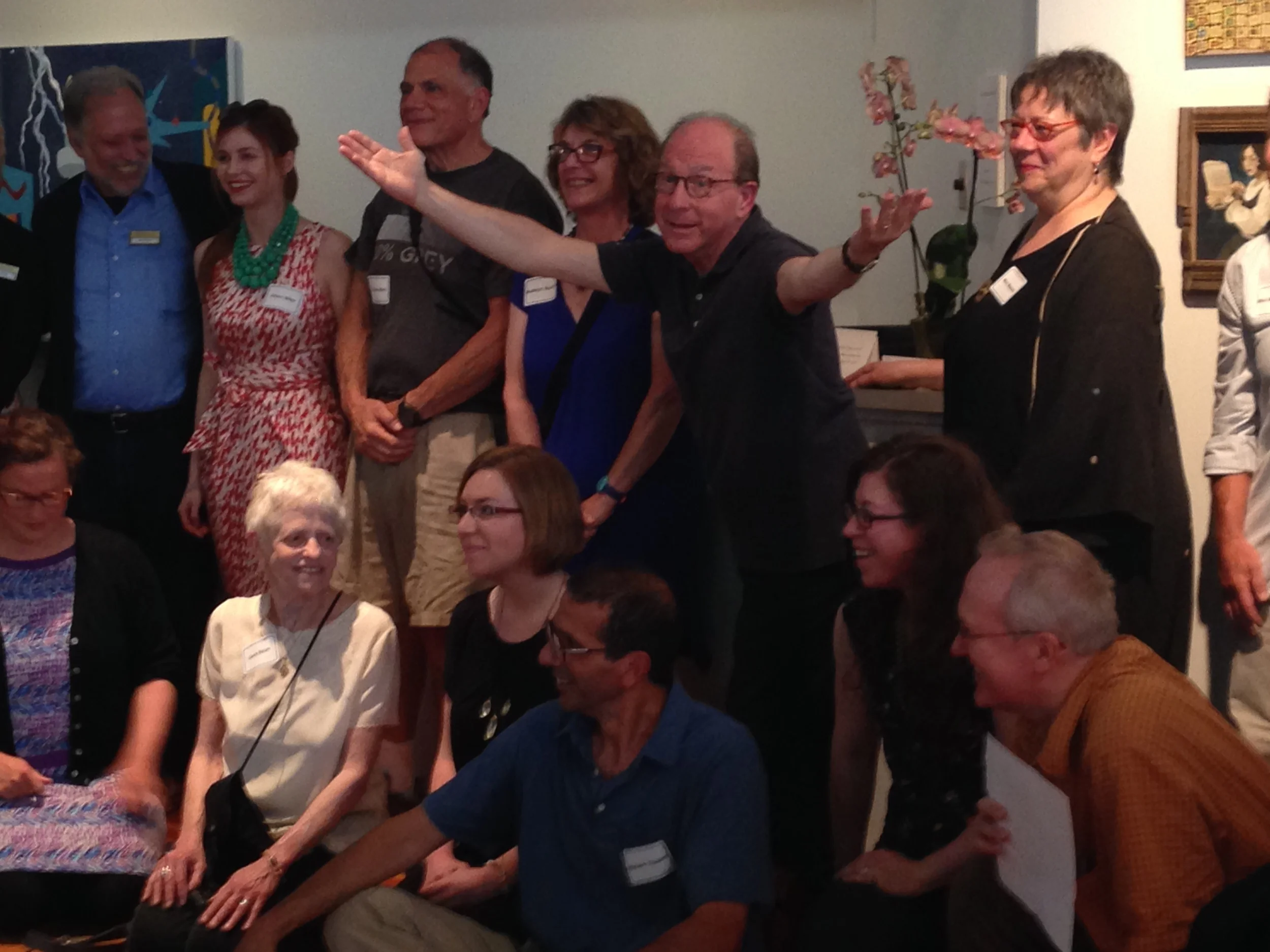  Madelyn Roehrig (in the blue shirt) next to juror Jerry Saltz at the opening of the&nbsp;57th Chautauqua Annual Exhibition of Contemporary Art, 6.22.14 