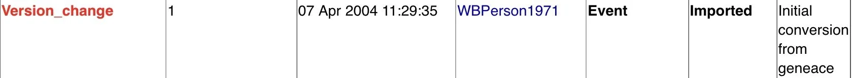 Screengrab from Tree Display view of a gene. Text in columns starts with 'Version_change' and includes a date column, a person identifier (WBPerson1971) and then a break down of an 'Event' which explains the detail of how the first import