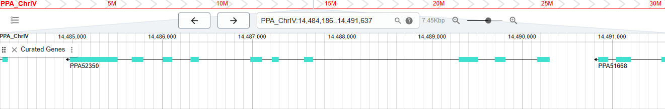 Screengrab from WormBase database showing exon and intron structure of a gene called PPA52350