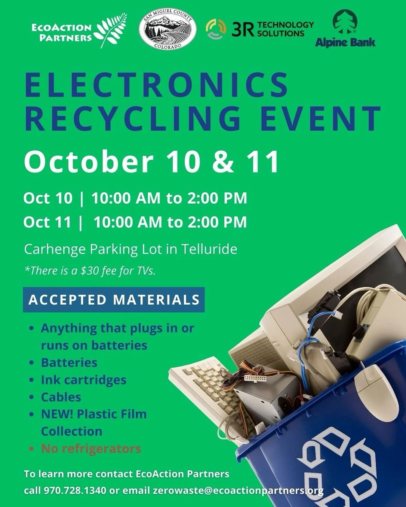 The Fall Electronics Waste Event is right around the corner! This annual event gives San Miguel County residents an opportunity to responsibly dispose of their electronic waste- which is illegal to throw away in our curbside waste streams. Residents 