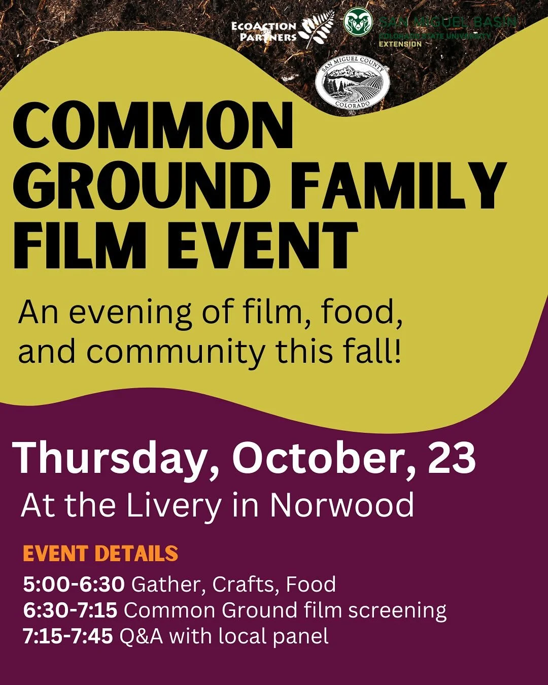 Join us Thursday, Oct. 23 at the Livery for a family-friendly screening of Common Ground. 
🍲 Complimentary Wild Gals soup + Blue Grouse bread
 🎨 Kids’ crafts 
🥕Fresh Foundation produce market
 🎬 45-min film screening
 🌱 Panel & Q+A wi