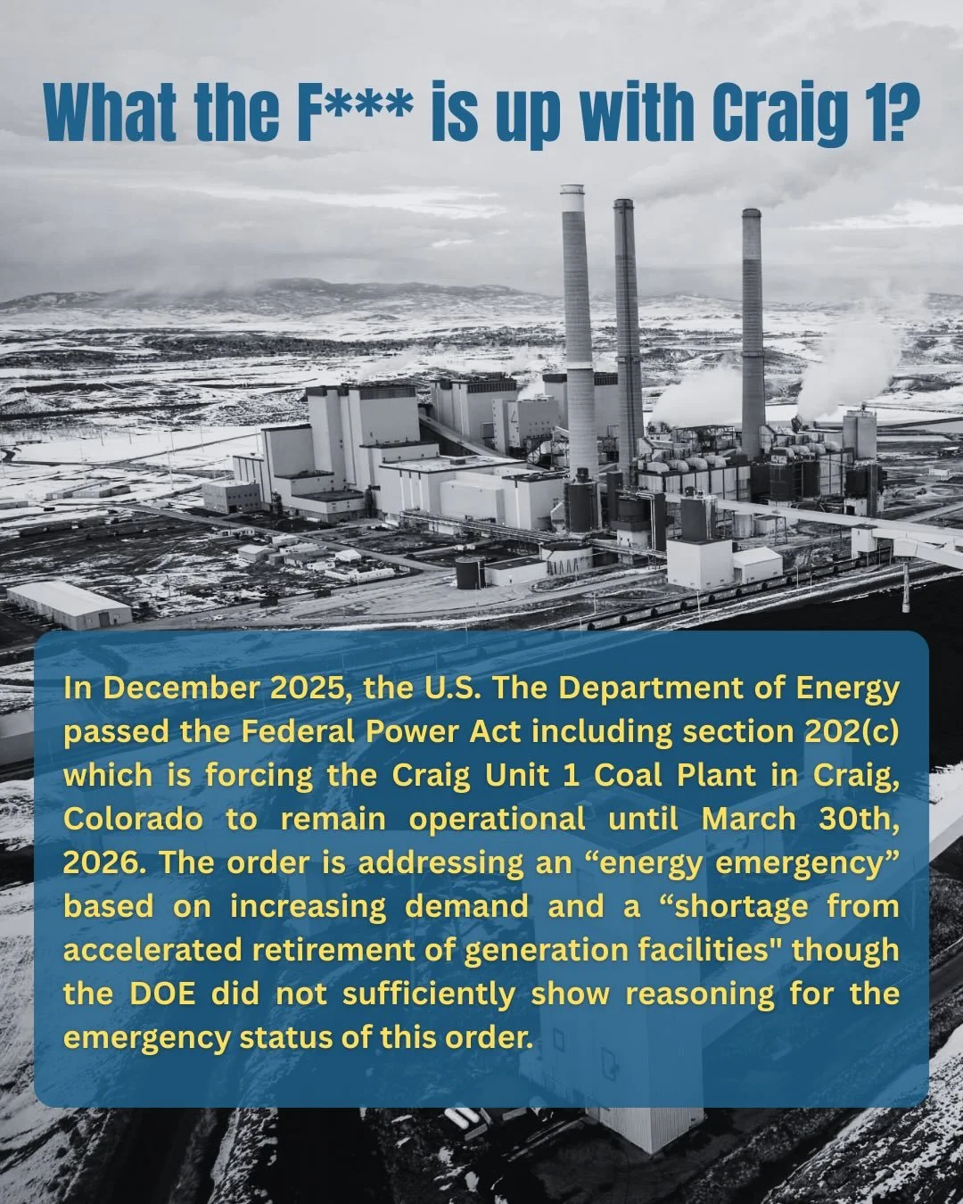 The decision to continue to keep Craig 1 coal plant open will again be voted on by congress at the end of the month. Get informed on the local impact of keeping this retired coal plant open and tell our local reps what you think! 

Take a look at our