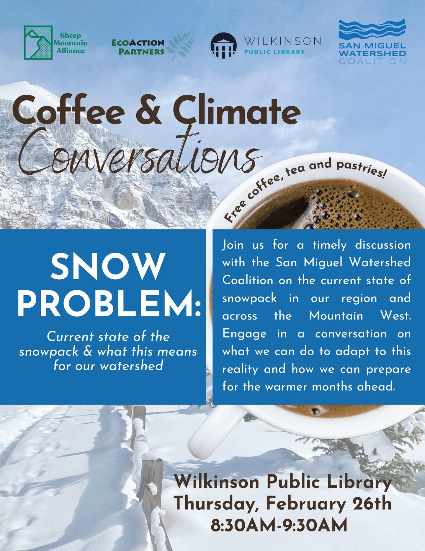 Join us for this timely conversation tomorrow morning at the Wilkinson Public Library from 8:30-9:30am with special guest from the San Miguel Watershed Coalition! 

As always, coffee, tea and pastries kindly provided ❄️☕️