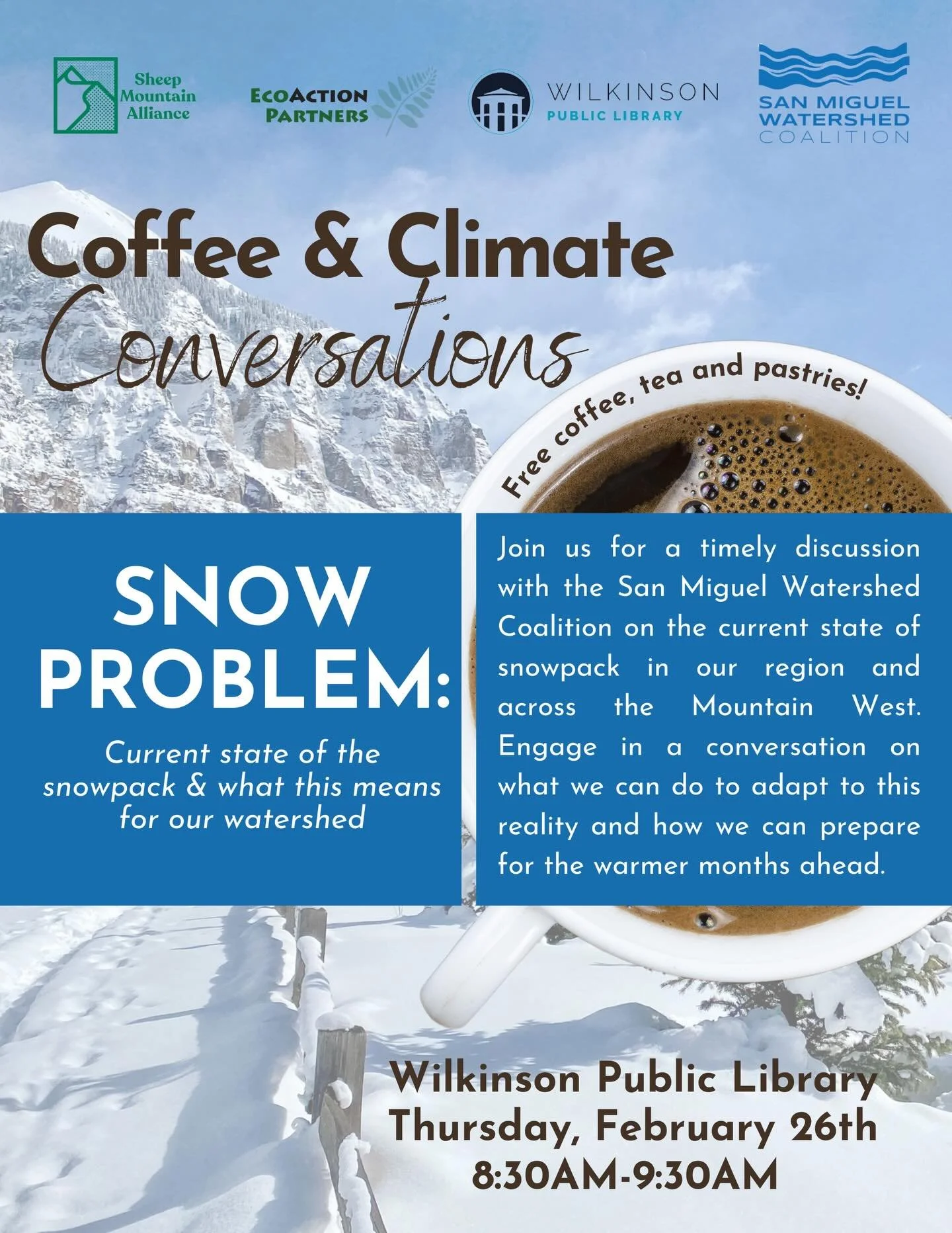 Join us for this timely conversation tomorrow morning at the Wilkinson Public Library from 8:30-9:30am with special guest from the San Miguel Watershed Coalition! 

As always, coffee, tea and pastries kindly provided ❄️☕️