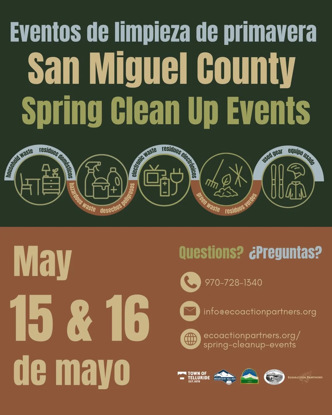 San Miguel County Spring Clean Up is right around the corner! Reach out to EcoAction Parters with any questions about what&rsquo;s accepted at each location or visit our webpage ecoactionpartners.org/spring-cleanup-events 

&iexcl;Eventos de limpieza