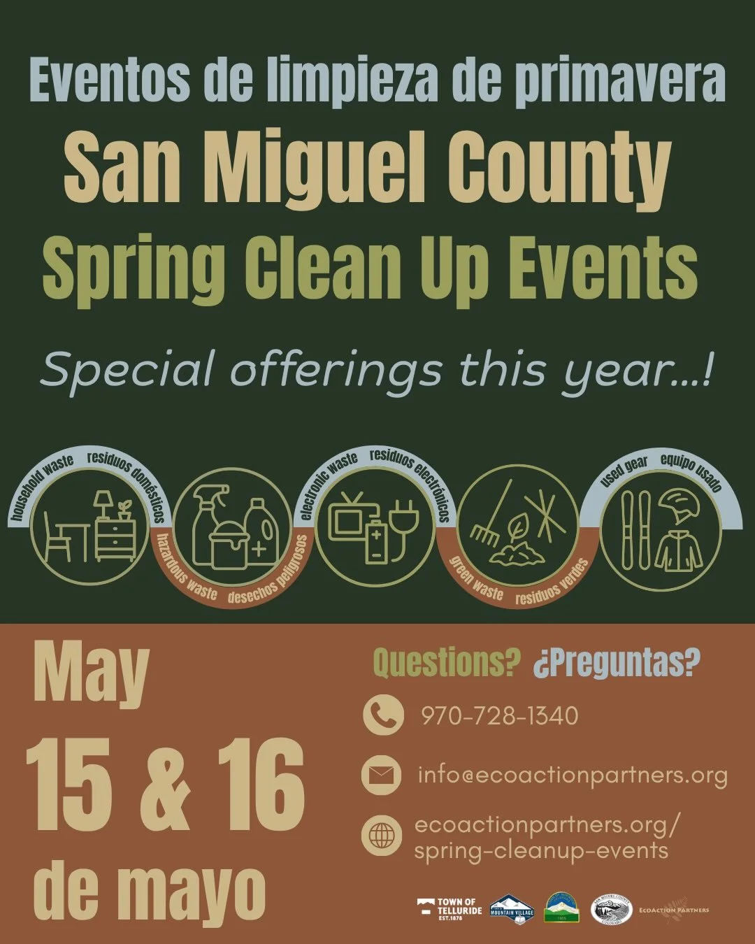 Offerings at this year&rsquo;s San Miguel County Spring Clean Up! A few details to note:

Telluride: 
⚠️ hazardous waste only accepted Saturday and only in Telluride 

🎿 used gear collection Friday and Saturday with @telluridemountainclub 

♻️ plast