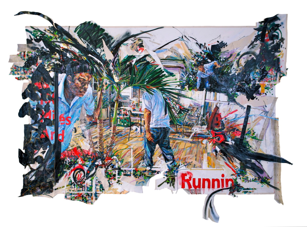  MICHAEL VASQUEZ  "100 Miles and Runnin' " 2011  Collaged acrylic on canvas paintings, inkjet prints, paper, charcoal, acrylic, and spray paint on canvas  150 x 130" 