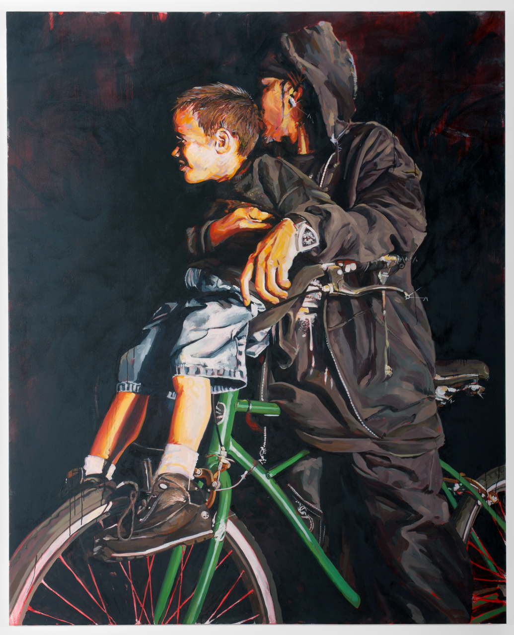  MICHAEL VASQUEZ  "The Neighborhood Tour" 2006  mixed media on canvas  96 x 78" 