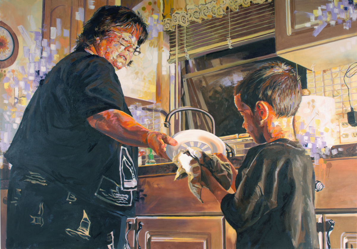  MICHAEL VASQUEZ  "A Lesson In Household Responsibility" 2006  acrylic, oil, and spray paint on canvas  71 x 109" 