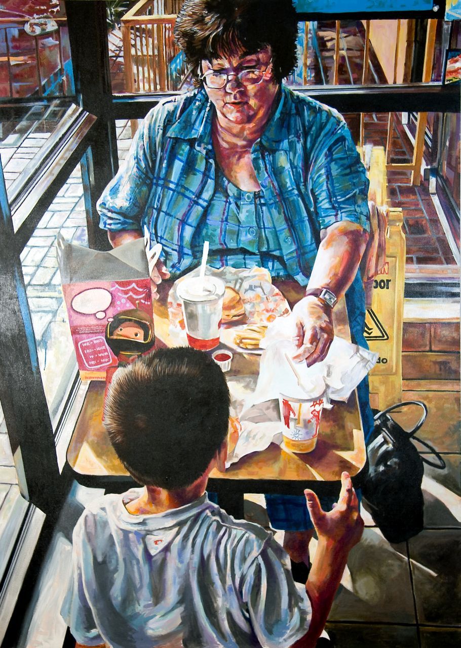  MICHAEL VASQUEZ  "Dinner With Mom - As Soon As She Got Off Work" 2005  acrylic on canvas  84 x 60" 