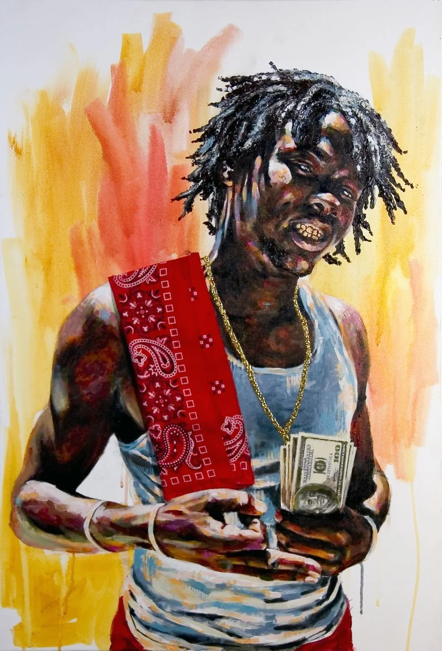 MICHAEL VASQUEZ "Smurf" 2005 mixed media on canvas 36 x 24"