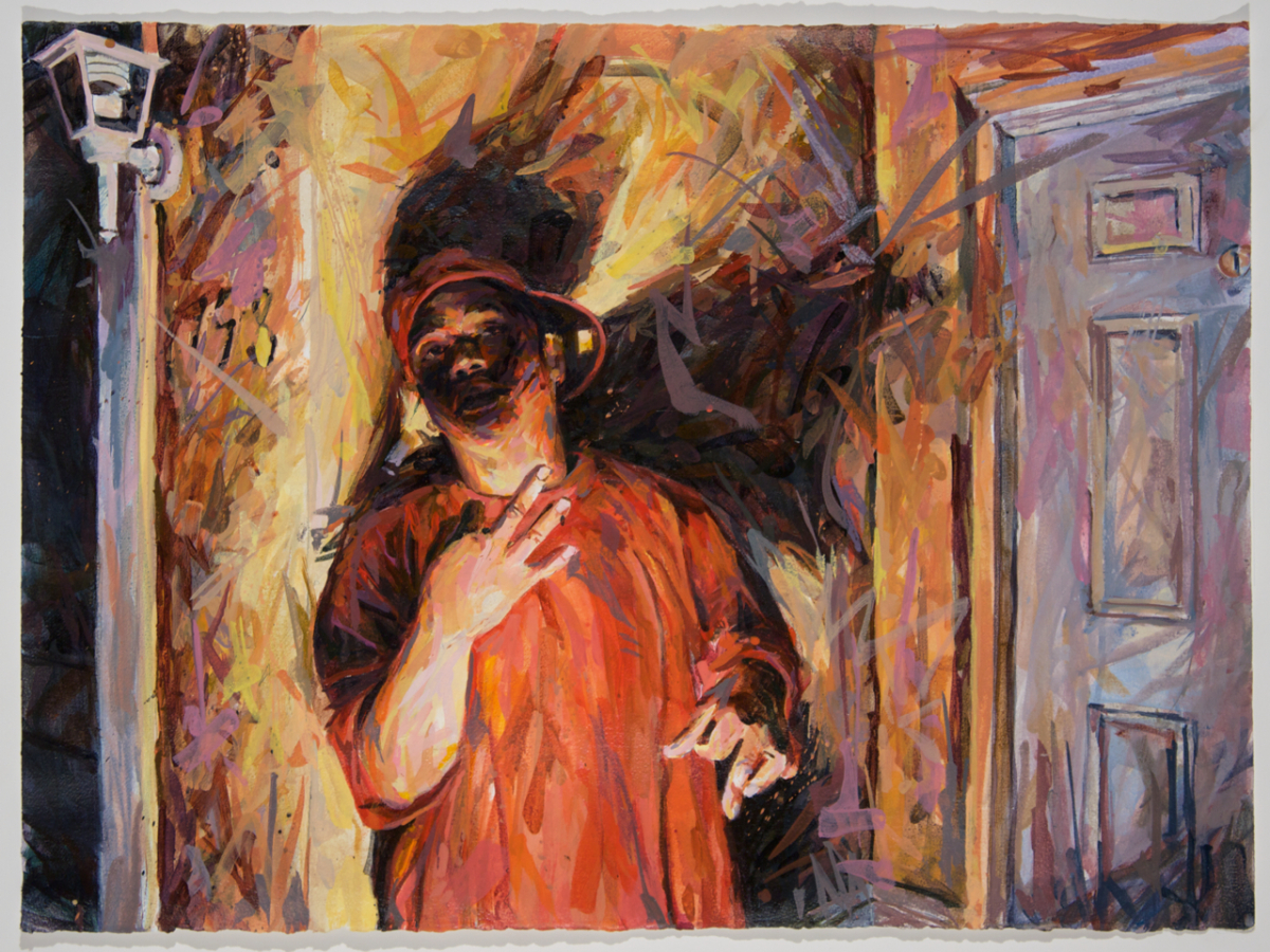  MICHAEL VASQUEZ  "Hiding Behind the Gang - Lat" 2010  acrylic on paper  22 x 30" 