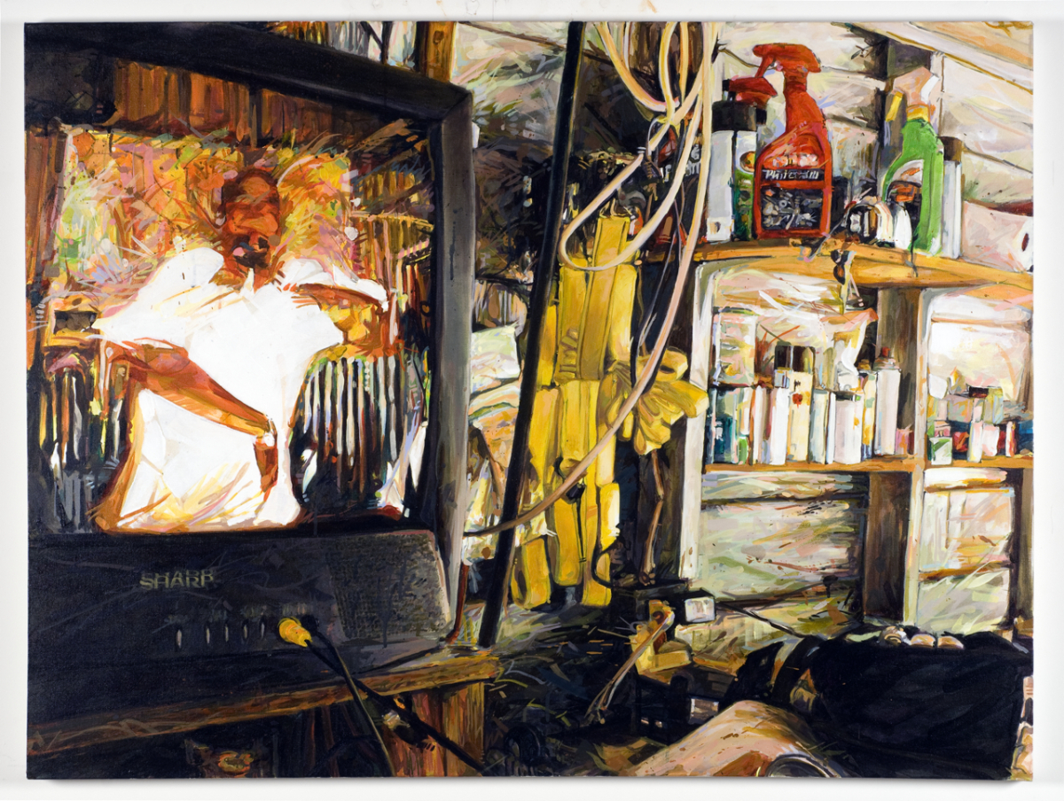 MICHAEL VASQUEZ "My Friend's Dad's Garage" 2009 acrylic on canvas 36 x 48"