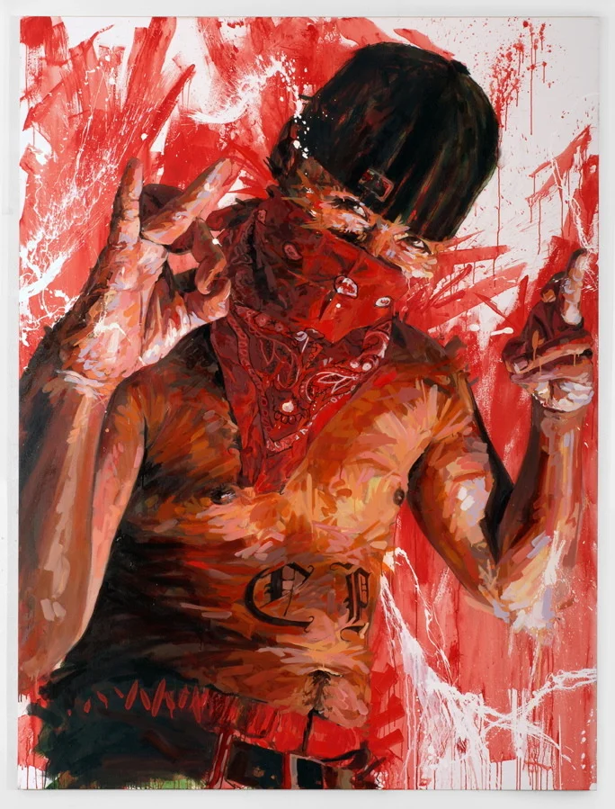 MICHAEL VASQUEZ "The Upholding and Protection of the Crown - The Red Mask of Justice" 2007 mixed media on canvas 96 x 72"