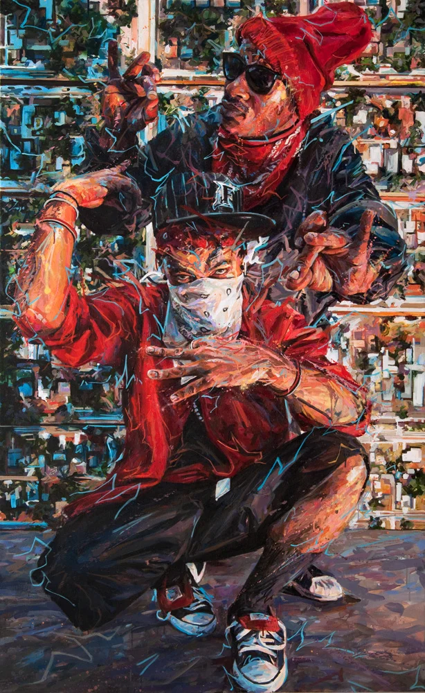 Michael Vasquez "Neighborhood Legends - Control, Power" 2014 acrylic and acrylic spray paint on canvas 84 x 51.5"