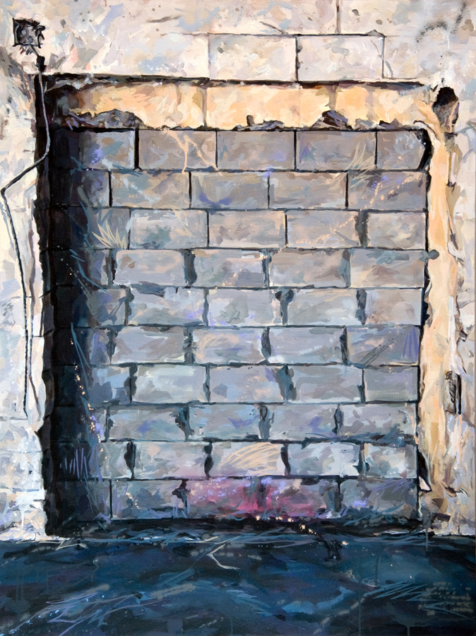   Michael Vasquez “Brick Wall (Obstacle 3)” 2015 acrylic and acrylic spray paint on canvas 48 x 36”     