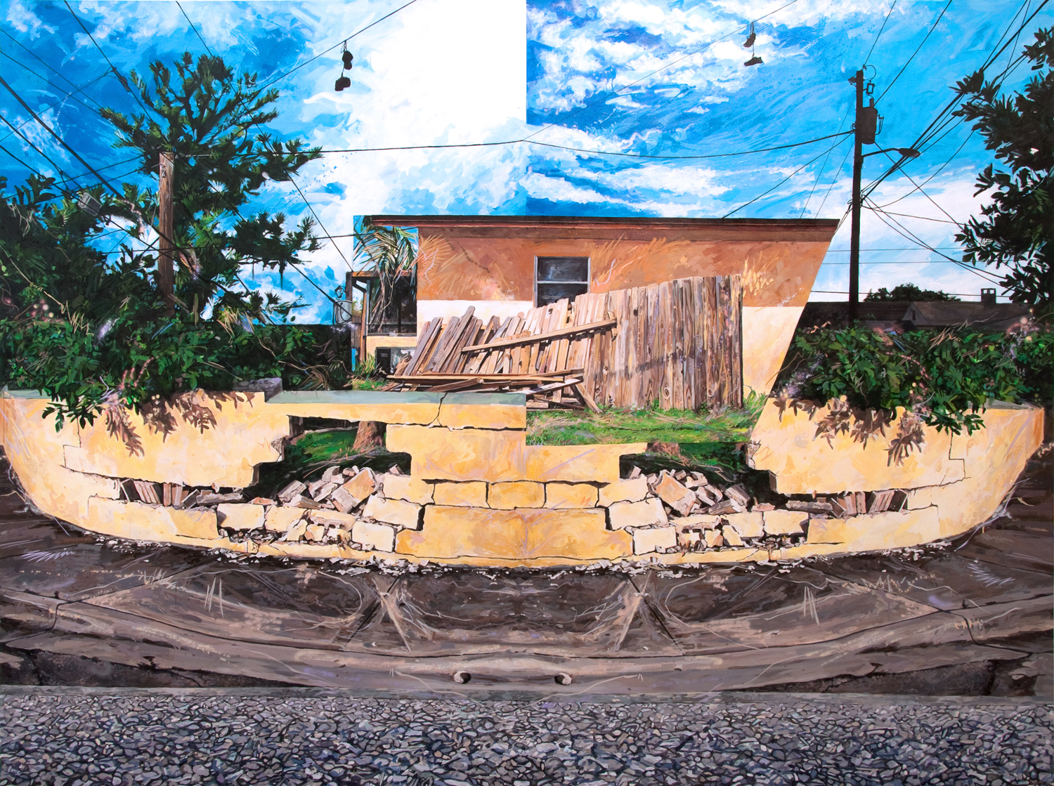   Michael Vasquez “Ark Aground (Last House)” 2015 acrylic and acrylic spray paint on canvas 108 x 144”     