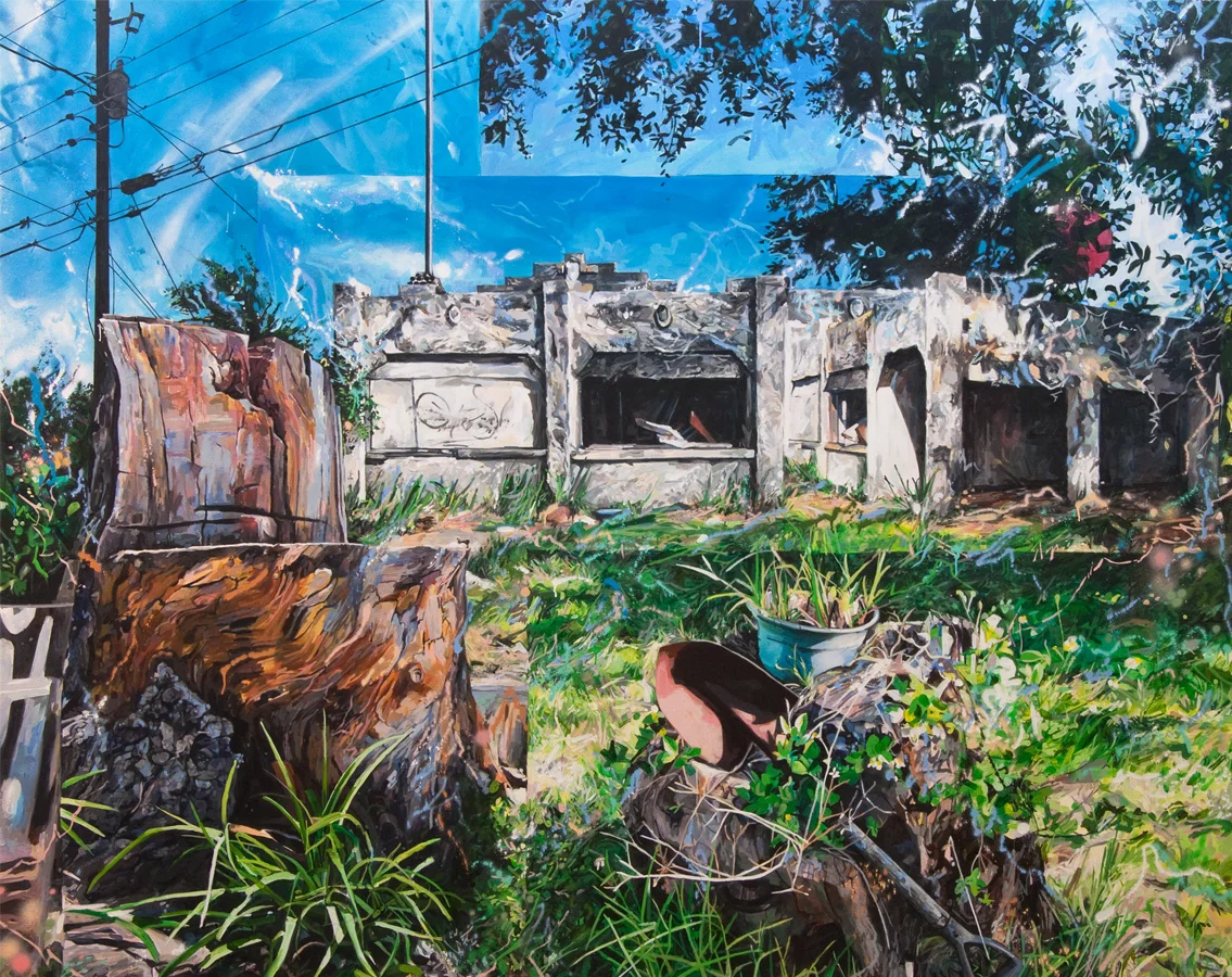 Michael Vasquez “Where There’s Smoke, There’s Fire (Trap House)” 2015 acrylic and acrylic spray paint on canvas 72 x 90”