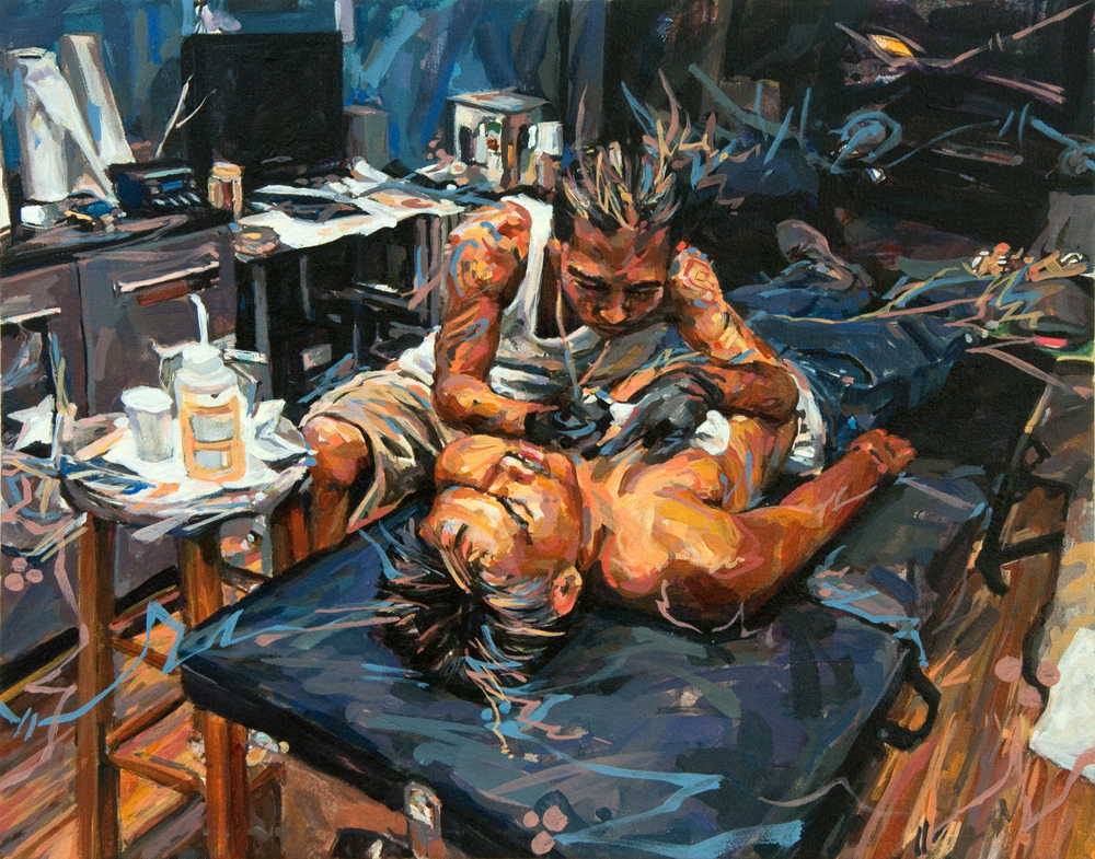 Michael Vasquez "The Operating Table" 2015 acrylic on canvas wrapped and cradled board 16 x 20"