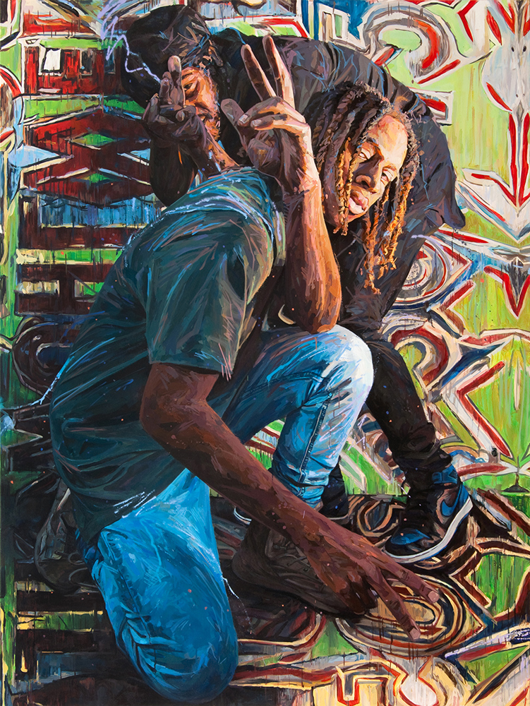  Michael Vasquez "War and Peace in Little Haiti (Rodd, Rick, and James)" 2016 acrylic and acrylic spray paint on canvas 96 x 72" 