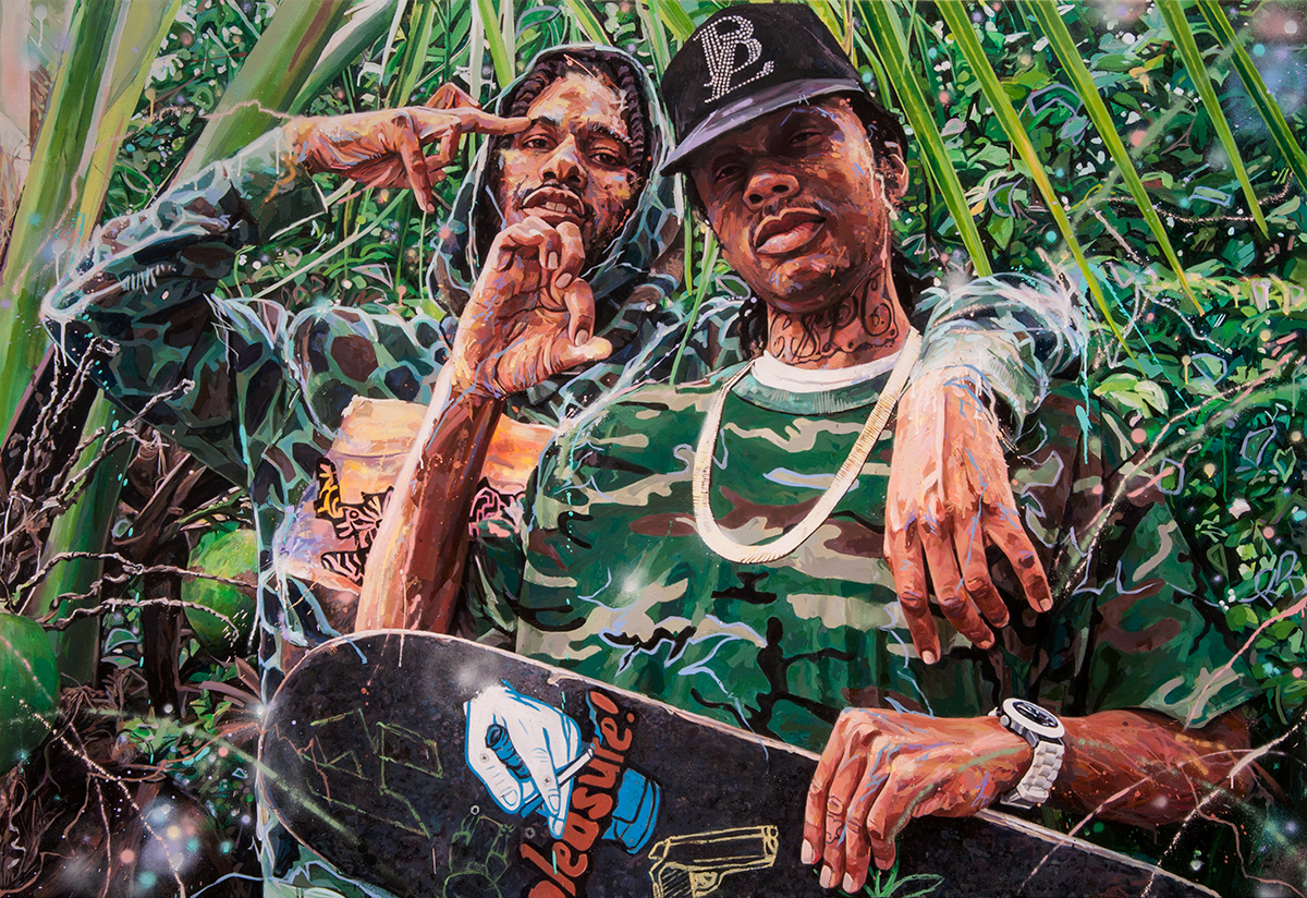  Michael Vasquez "CSPG : Southway Zoo - Tropical Boyz" 2016 acrylic and acrylic spray paint on canvas 58 x 84" 
