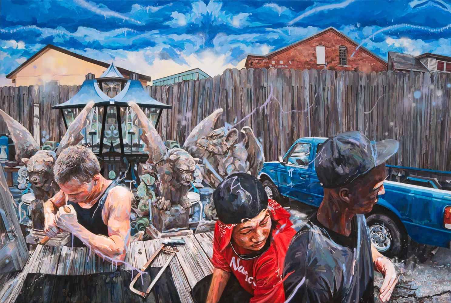Michael Vasquez “Calm Before the Storm (Doublethink)” 2017 acrylic and acrylic spray paint on canvas 48 x 72”