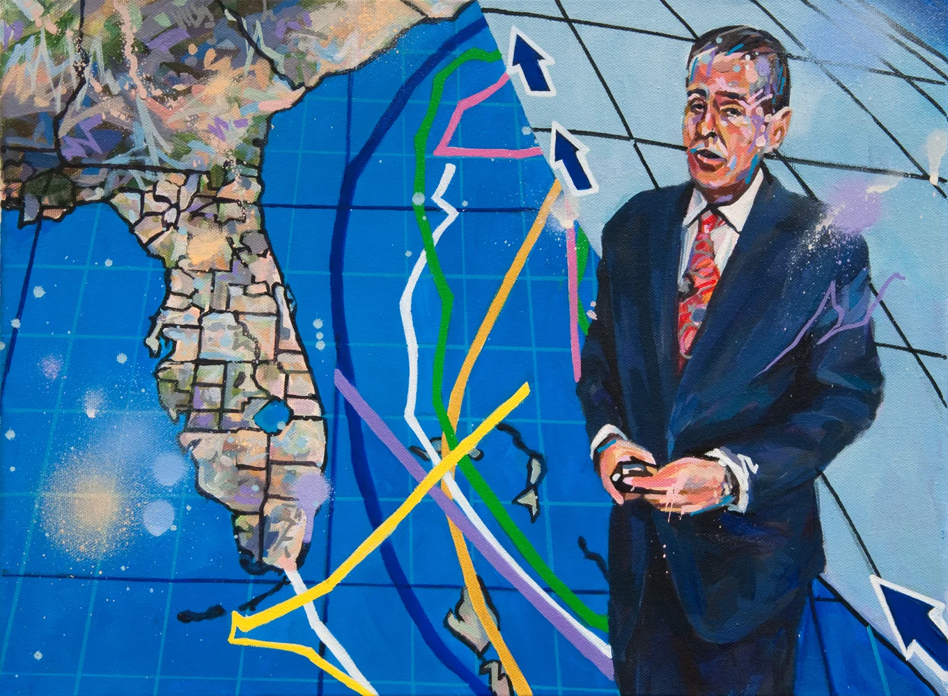 Michael Vasquez "Special Weather Report - Ch 7" acrylic and acrylic spray paint on canvas 12 x 16"