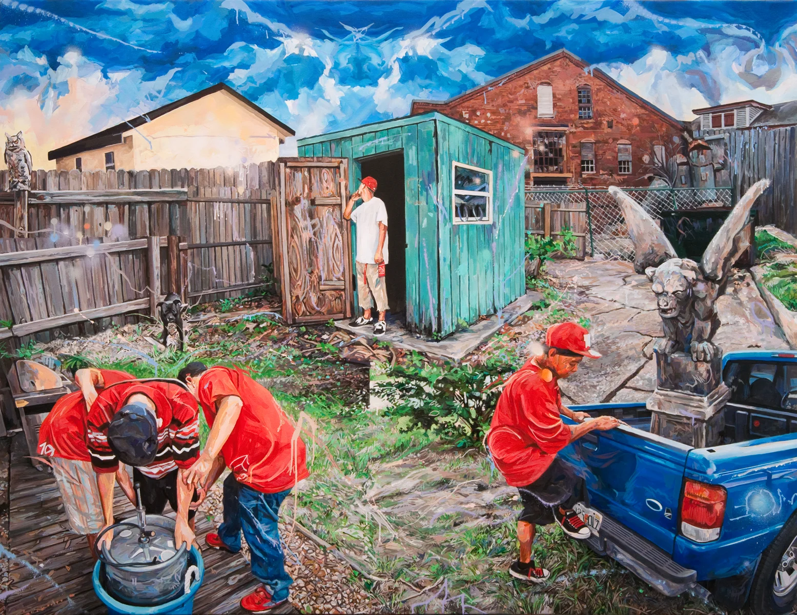 Michael Vasquez “The Brew Up (Keg Stand)” 2017 acrylic and acrylic spray paint on canvas 60 x 78”