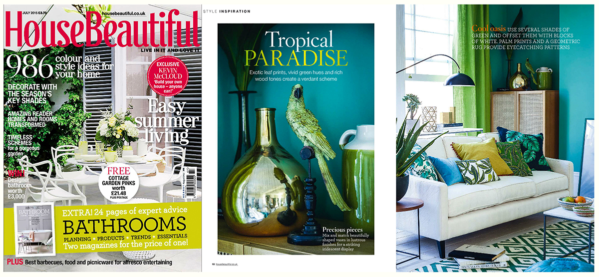 Fanny Shorter House Beautiful Magazine Press 2015 Home Style Interiors Cushions Print Pattern Tropical Paradise UK British Interior Design Green Blue