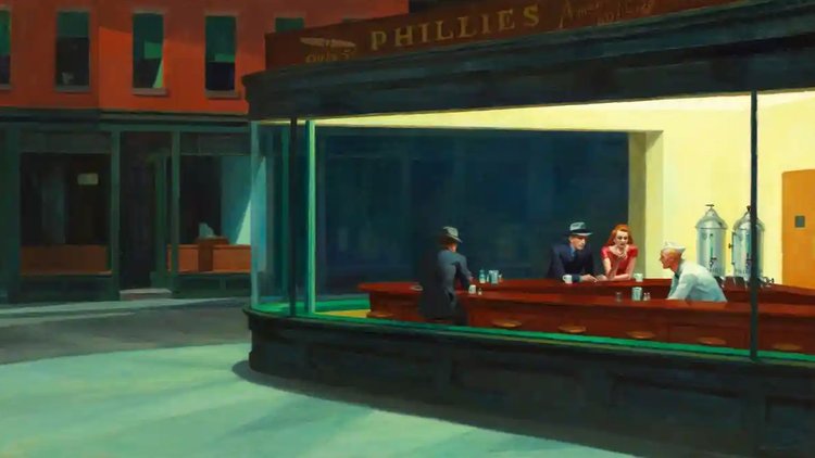 Edward Hopper painting "Nighthawks" depicting people in a diner at night.