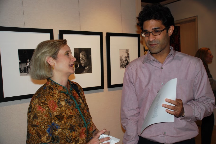 Andrea Saturno-Sanjana and guest. Louis Armstrong by unknown photographer 1940. Silley Circuits Networking July 16 2013 at Throckmorton Fine Arts. Photo (c) Daria Deshuk.