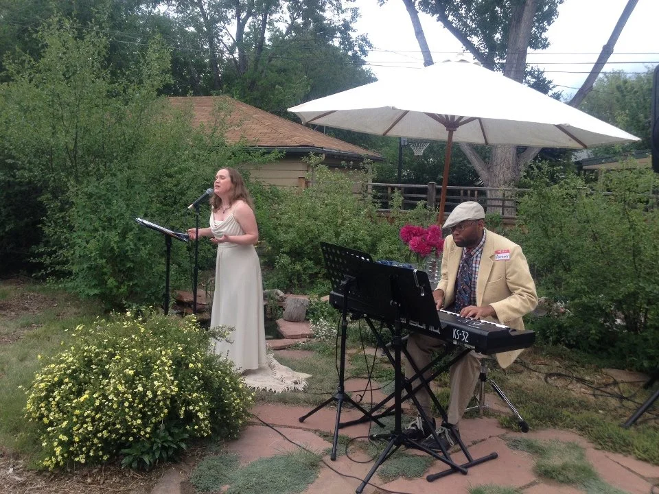 In recital with pianist Anthony Green, June 2012, at the home of acupuncturist Jeanette Rockers, Denver (Fundraiser for the Colorado Alzheimer's Association)