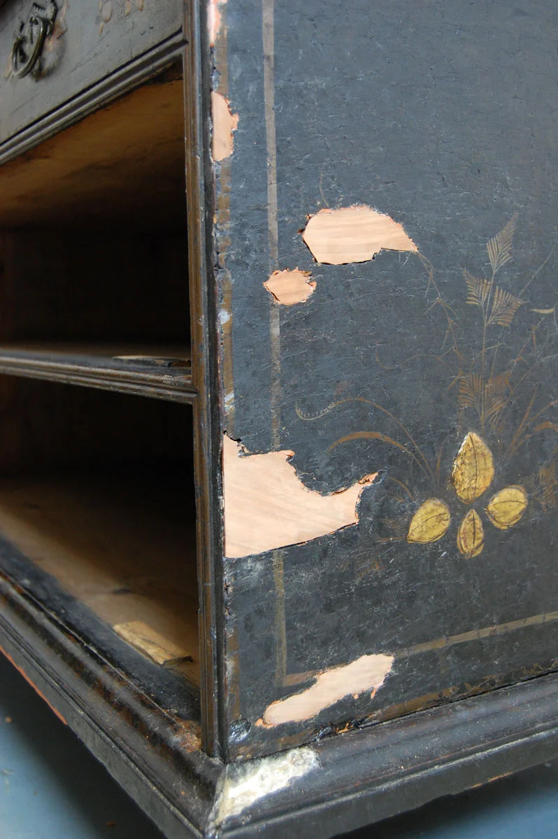 Various losses to the pear veneer were also replaced with new veneer.