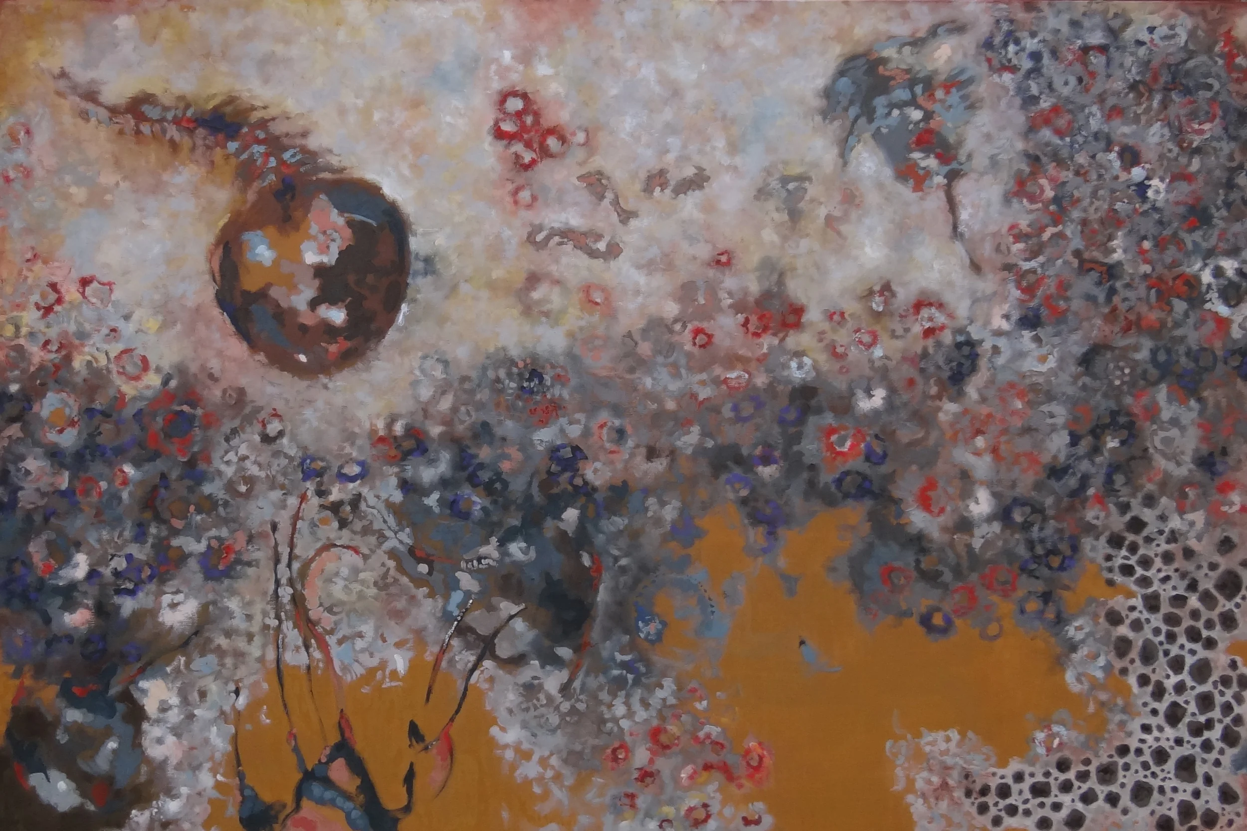 In Full Suspension, 2013. Oil, distemper, and pastel on panel, 48" x 72".