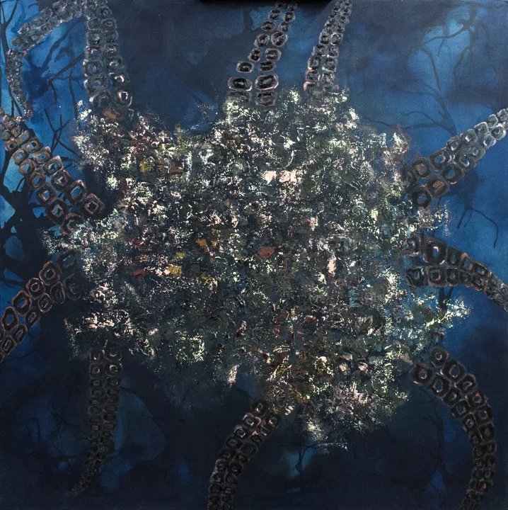 The Defense Mechanism, 2012. Ink and oil on panel, 48" x 48".