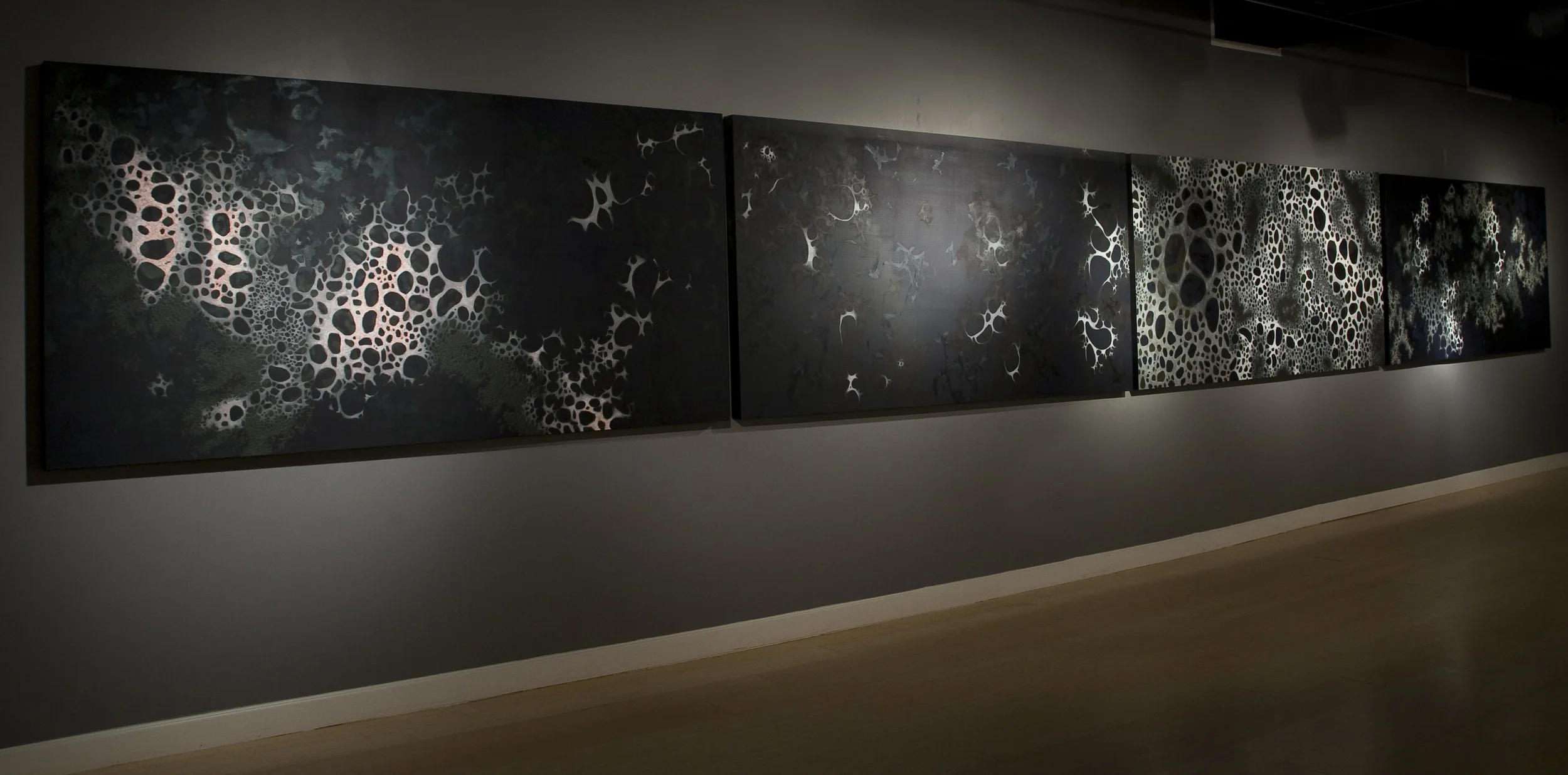 Purification, 2014. Distemper, oil, and pastel on panel, 48" x 384". (View from first panel)