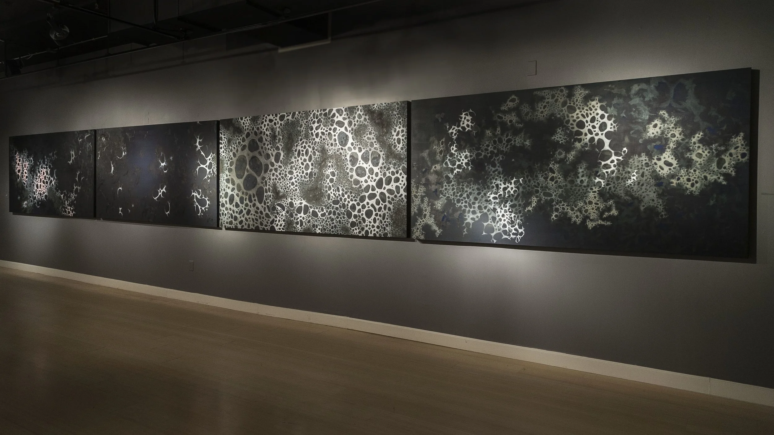 Purification, 2014. Distemper, oil, and pastel on panel, 48" x 384". (View from final panel)