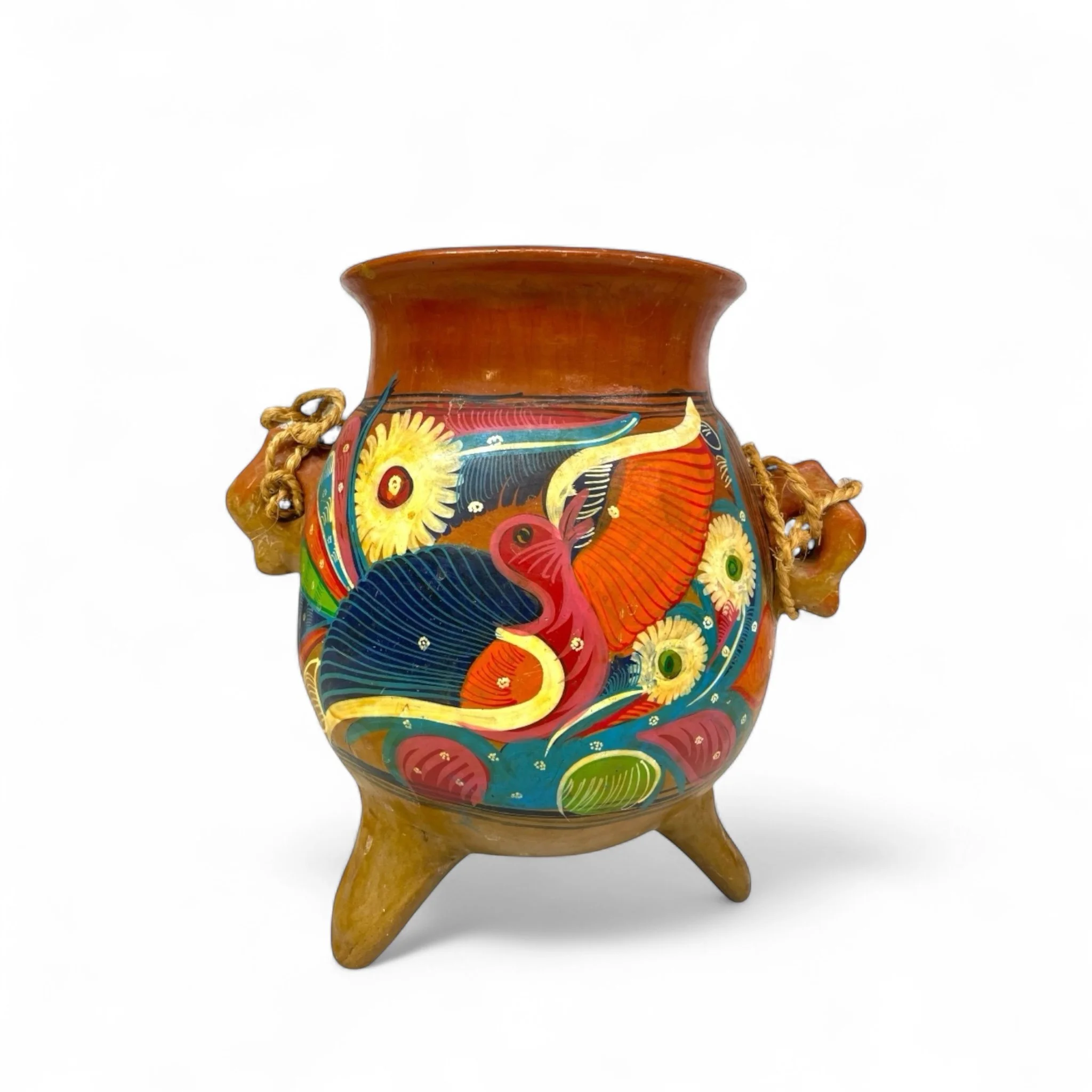 Vintage Mexican terracotta hanging pot hand painted with colorful birds and flowers. Folk art pottery from Acapulco.