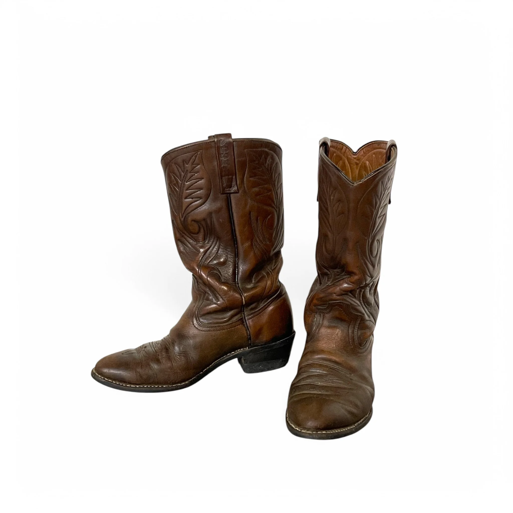 Vintage brown unisex pair of Red Wing Pecos leather cowboy boots, circa 1980s, classic western stitch, pull strap, mid shaft, under 2 inch heel.