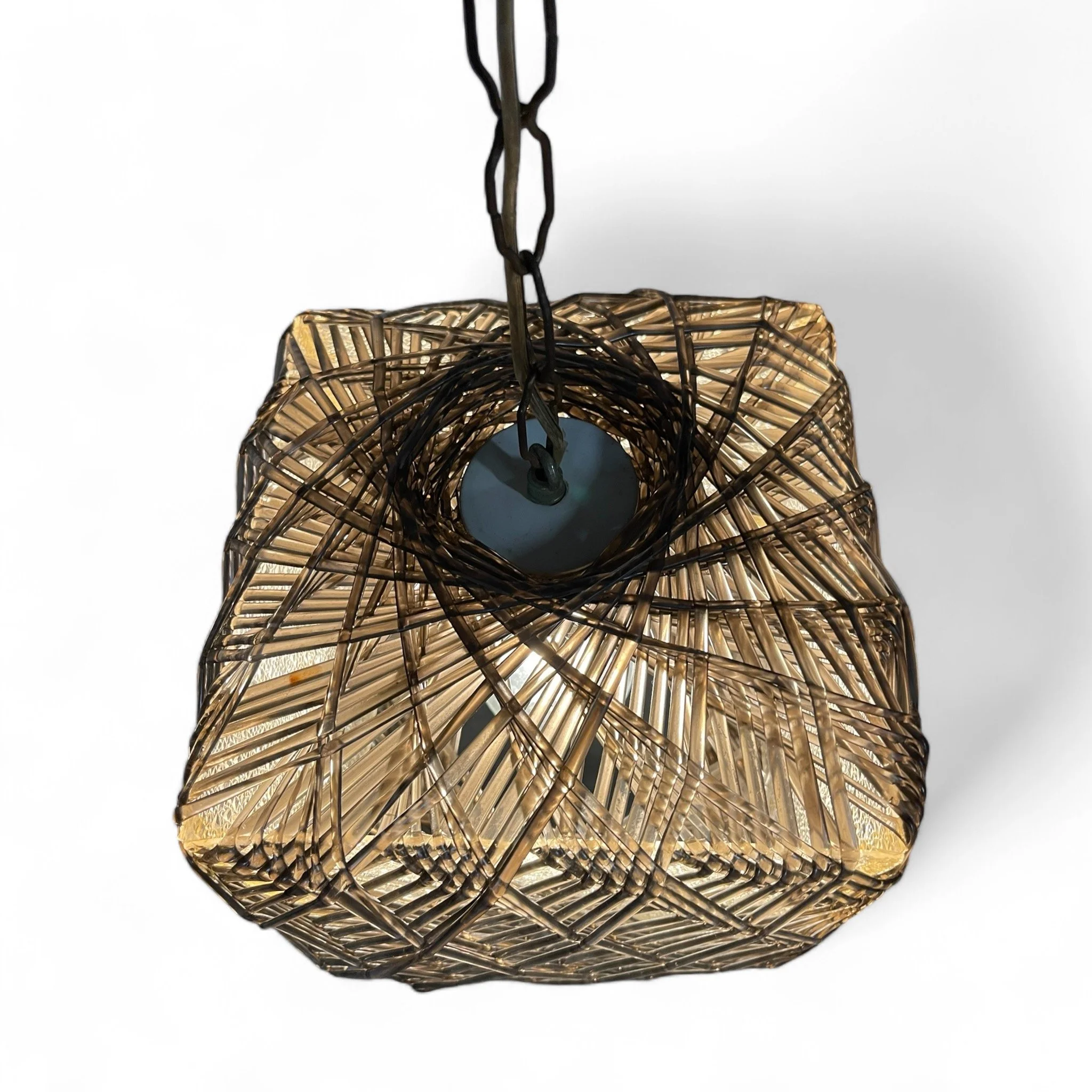 Vintage square lucite hanging swag light with chain. This unique pendant light features a geometric woven lucite design in a rich smoky grey, creating a warm, ambient glow when lit.