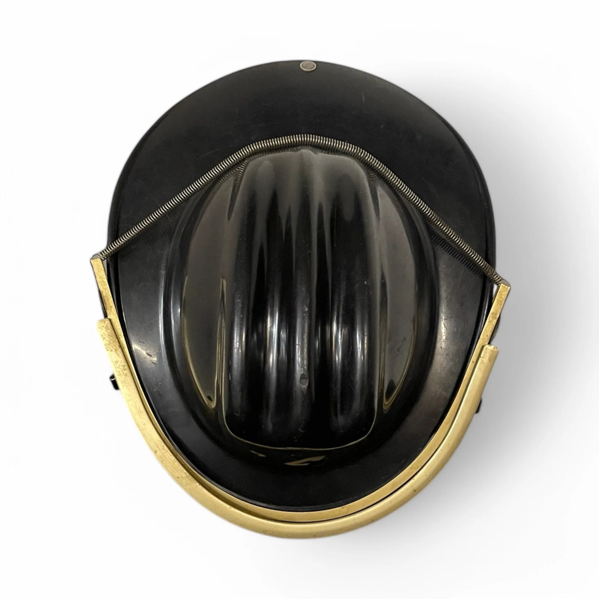 Vintage black firefighter helmet with classic design, an antique fireman collectible perfect for display, gift for fireman memorabilia, or fire department decor.