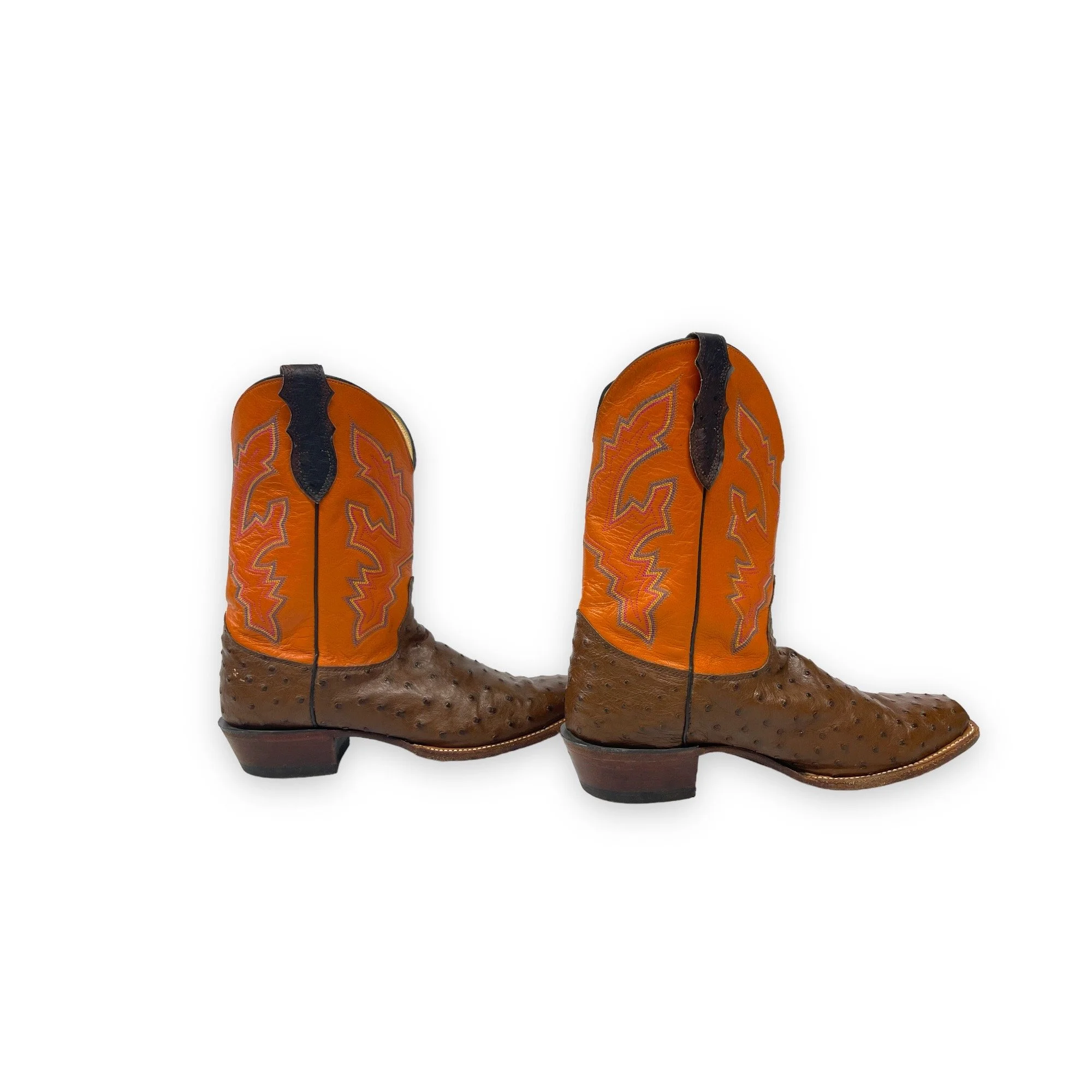 Vintage men's leather cowboy boots, Justin, Style: Comb Last 8962, US men's 11 1/2, made in USA, full quill ostrich, square toe, brown and orange
