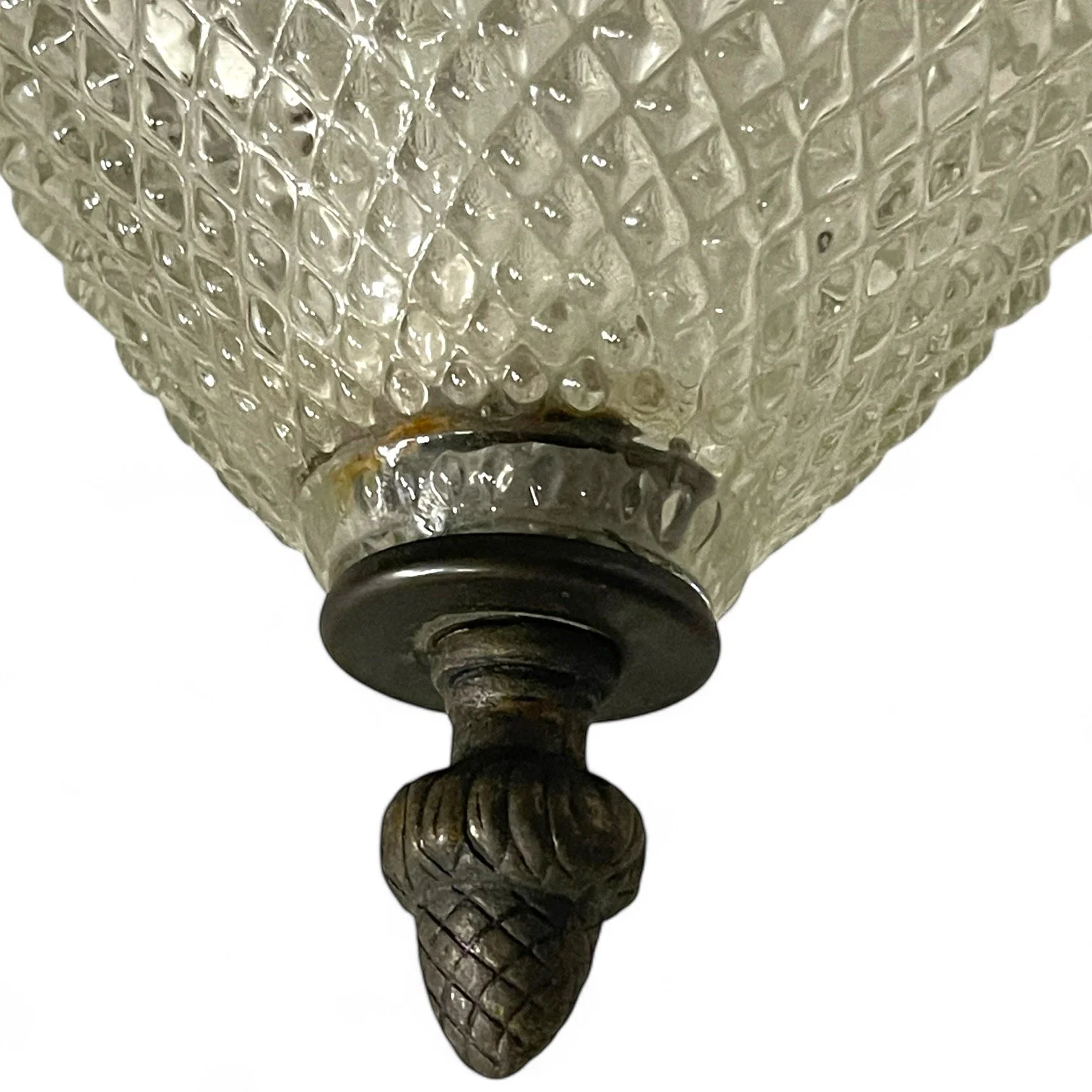 Vintage faceted clear glass teardrop swag hanging pendant light and includes 11 feet of cord and chain. Light measures 14 in tall x 7 1/2 inches wide.