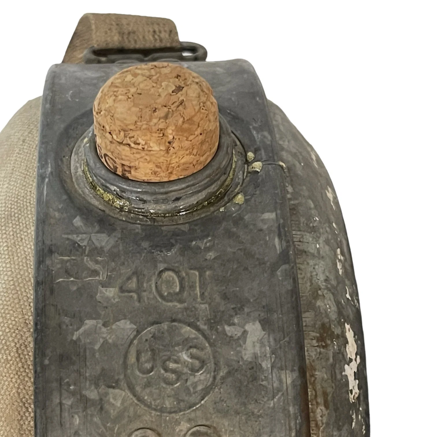 Vintage 4 qt USS metal and canvas canteen with a cork for a lid.
