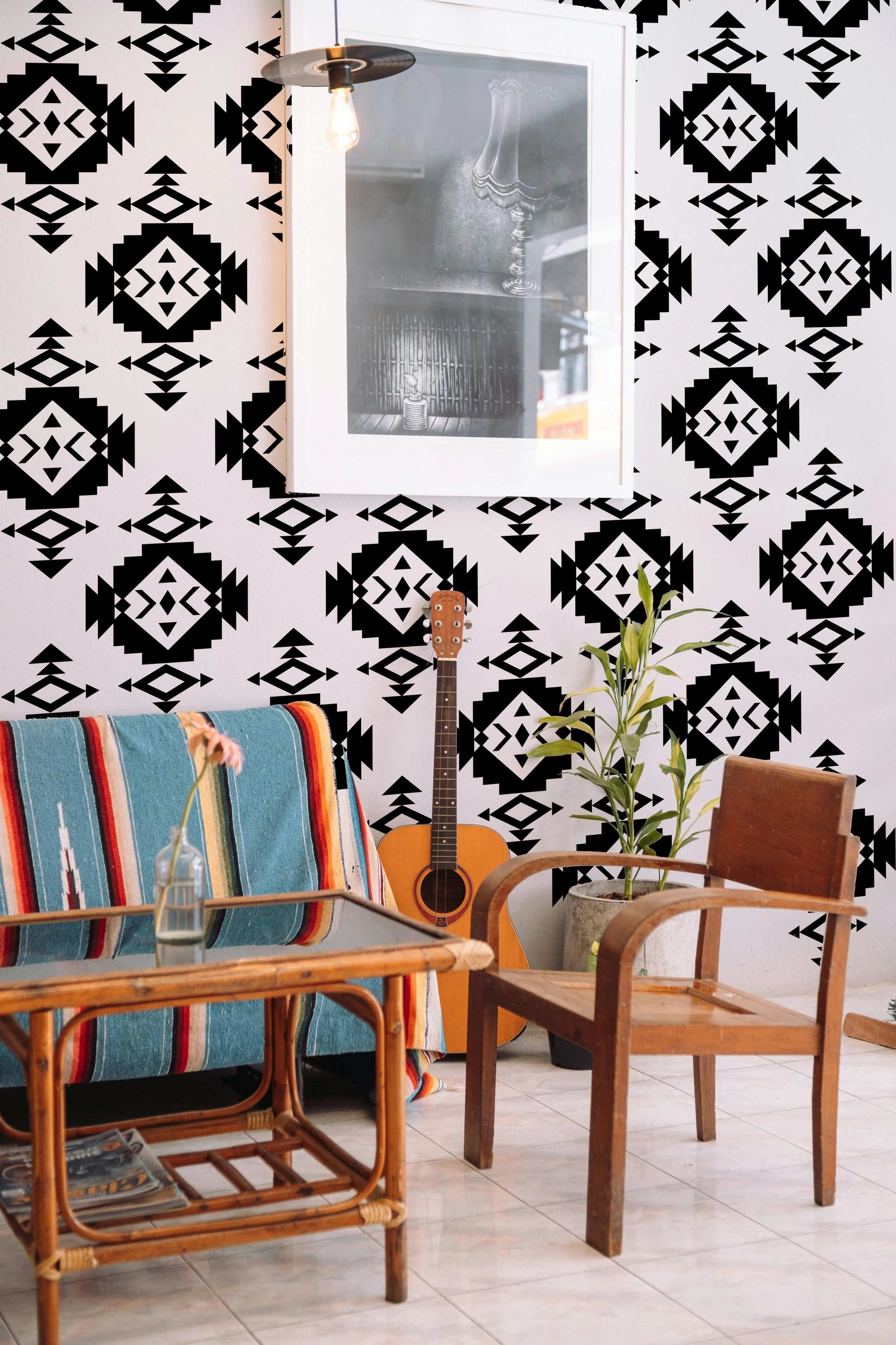 Western Navajo style removable wall decals with geometric desert design, 2 color vinyl stickers, perfect for Southwestern or rustic home decor.