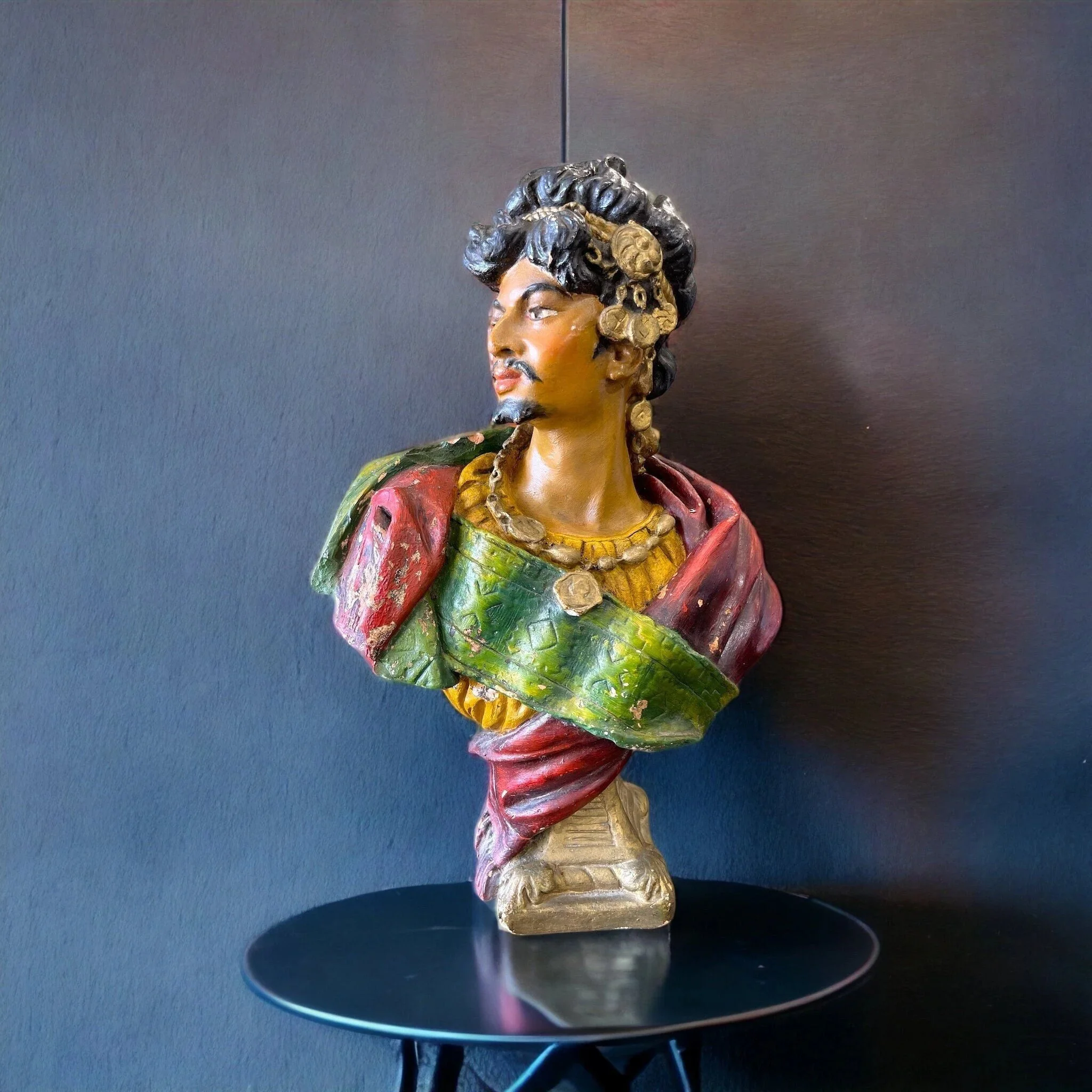 Vintage Spanish Plaster Statue on Pedestal - Colorful Spanish Revival Decor