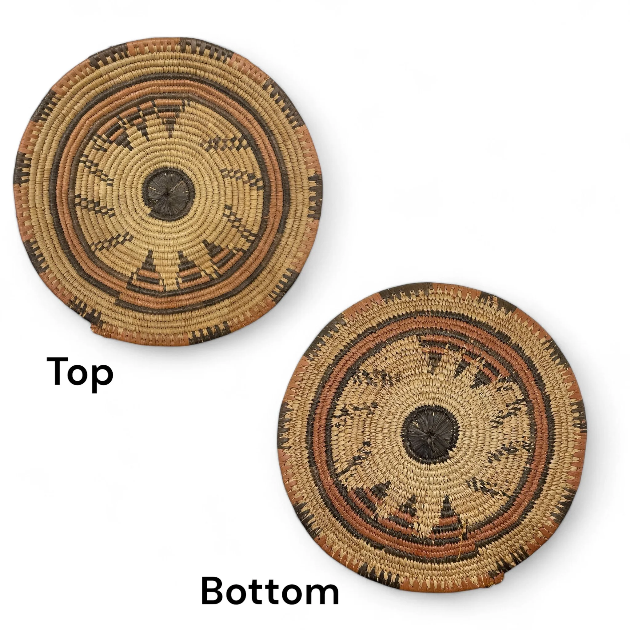 Set of 3 vintage southwestern coiled baskets. Set includes round shapes with traditional Native American geometric patterns. Perfect desert or boho decor.