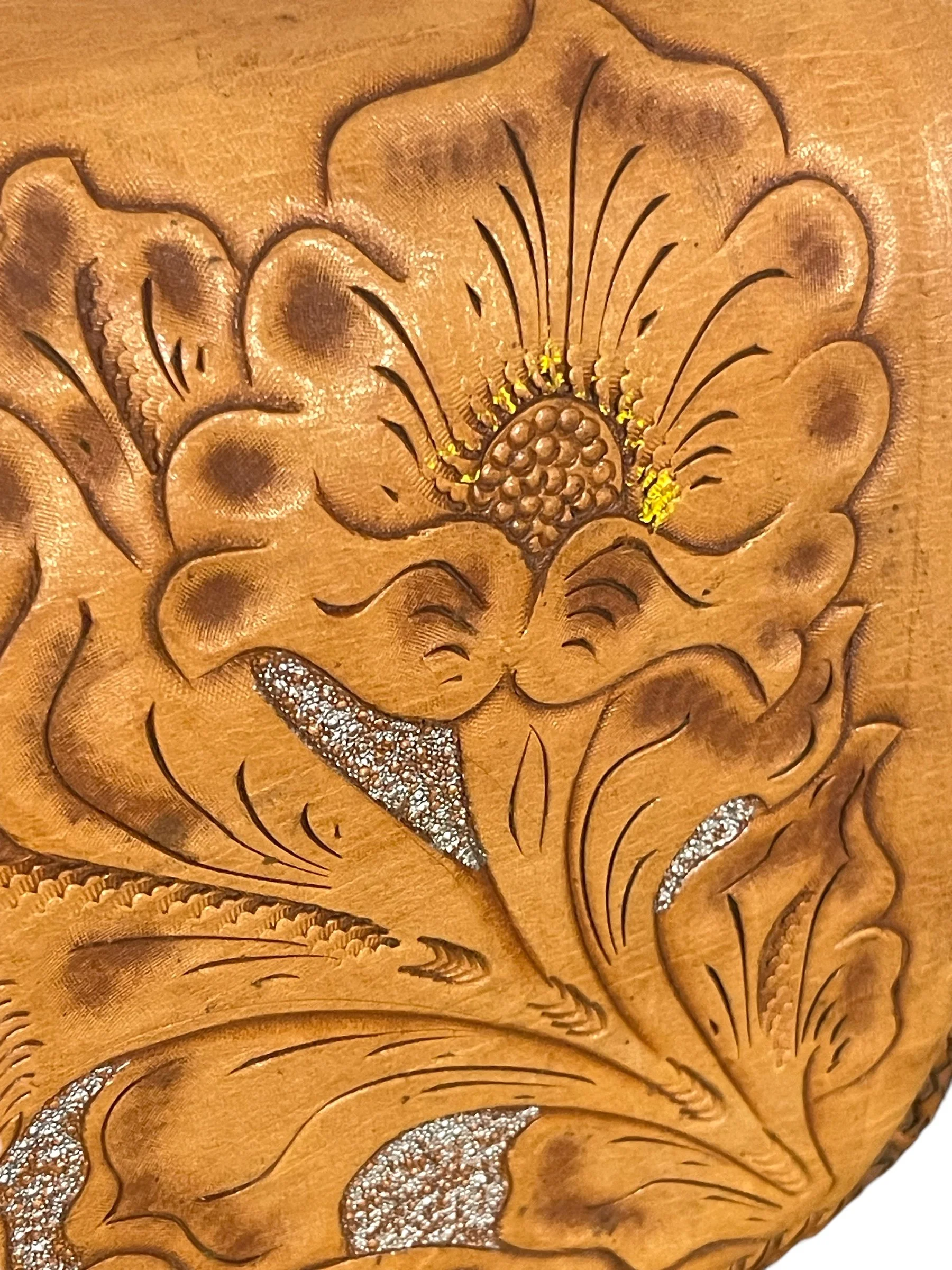 Vintage genuine leather hand tooled two piece rifle case lined in red fleece. Embossed flowers, deer on gun case.