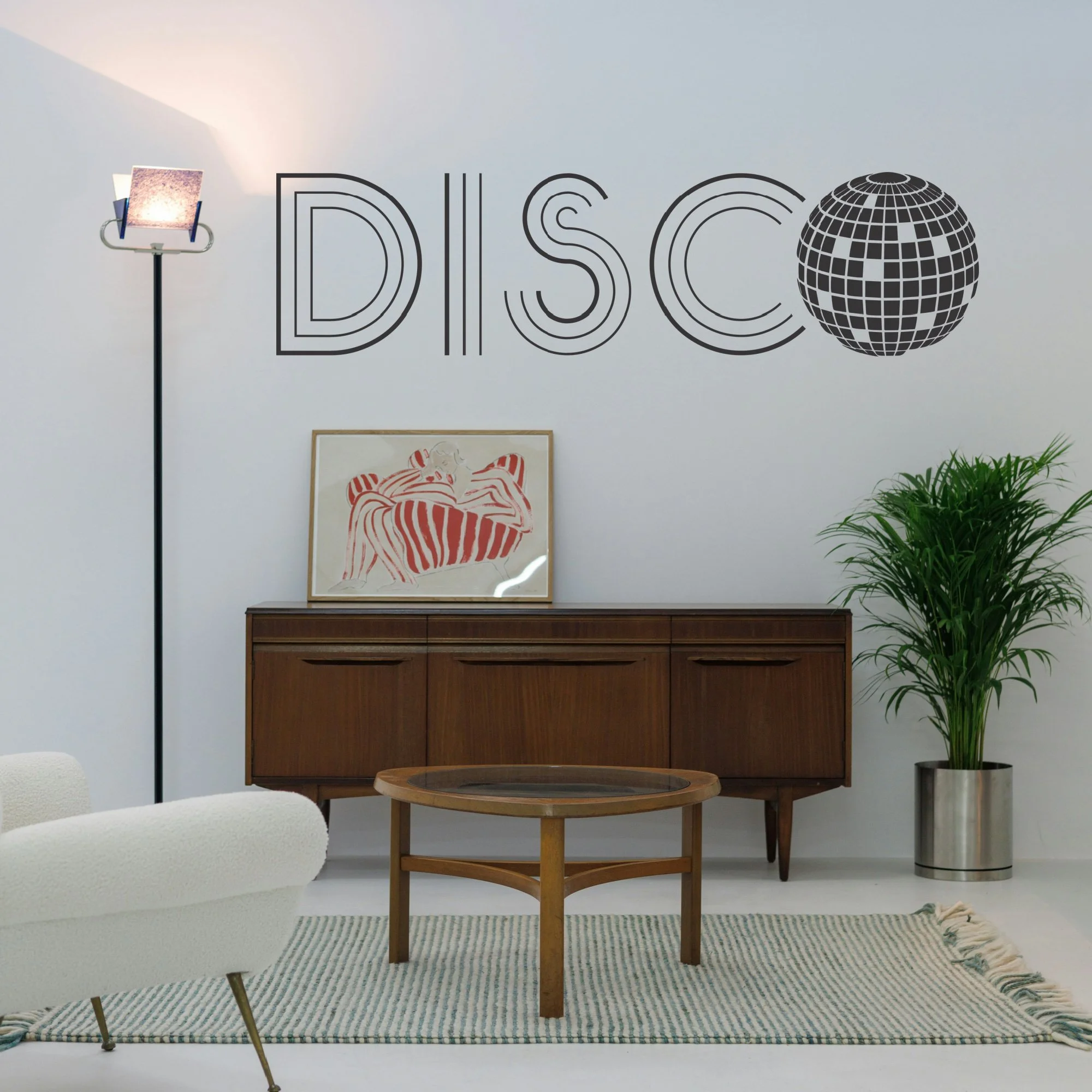 Retros 70s style disco ball wall decal, available in a variety of colors, two sizes, removable and tenter friendly, perfect for disco themed party wall decoration, or dorm decor.